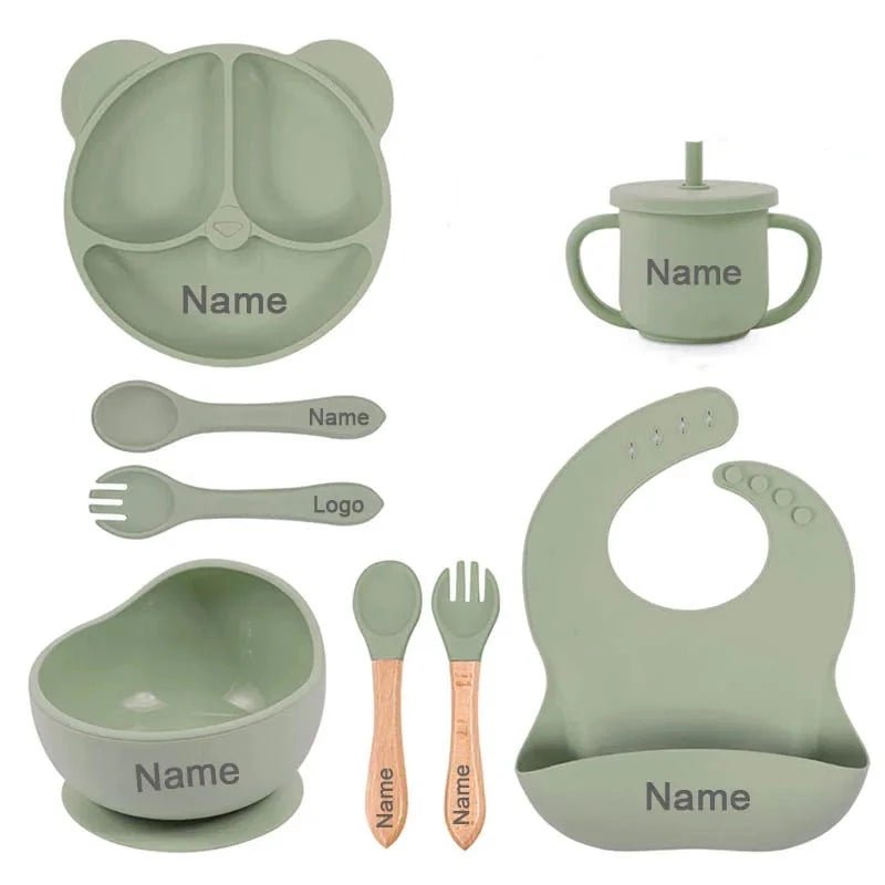 Personalized Baby Weaning Set Silicone Dishes Sippy Cup 8Pcs - Beige Bunny