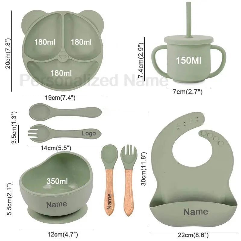 Personalized Baby Weaning Set Silicone Dishes Sippy Cup 8Pcs - Beige Bunny