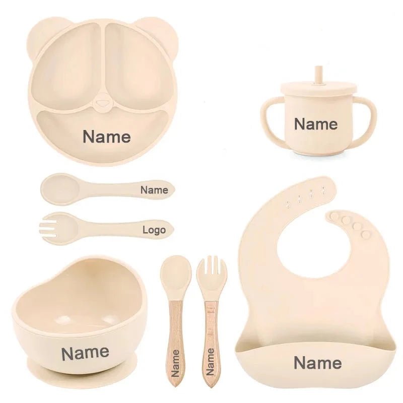 Personalized Baby Weaning Set Silicone Dishes Sippy Cup 8Pcs - Beige Bunny