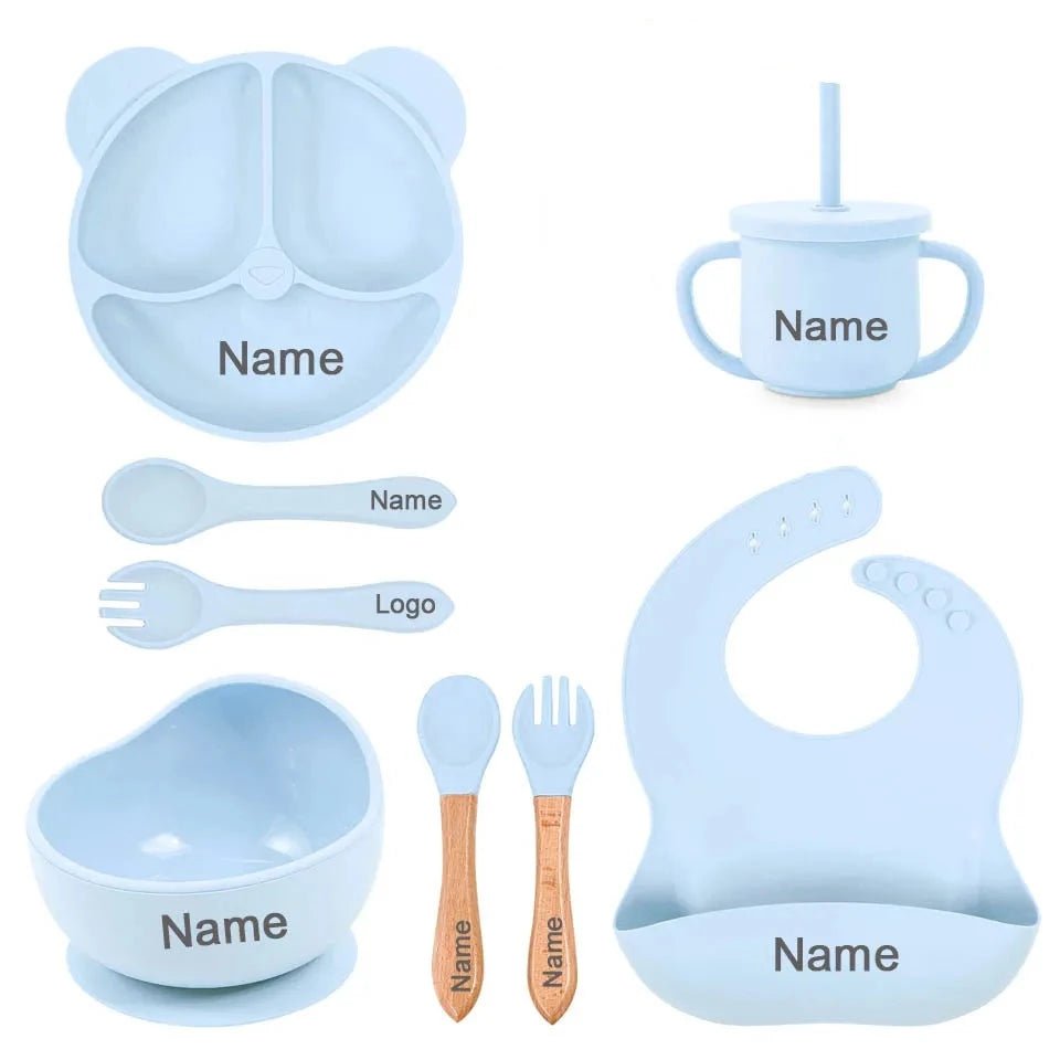 Personalized Baby Weaning Set Silicone Dishes Sippy Cup 8Pcs - Beige Bunny