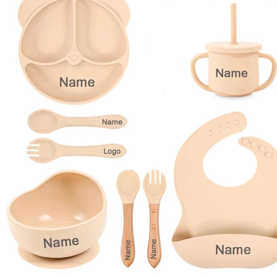 Personalized Baby Weaning Set Silicone Dishes Sippy Cup 8Pcs - Beige Bunny